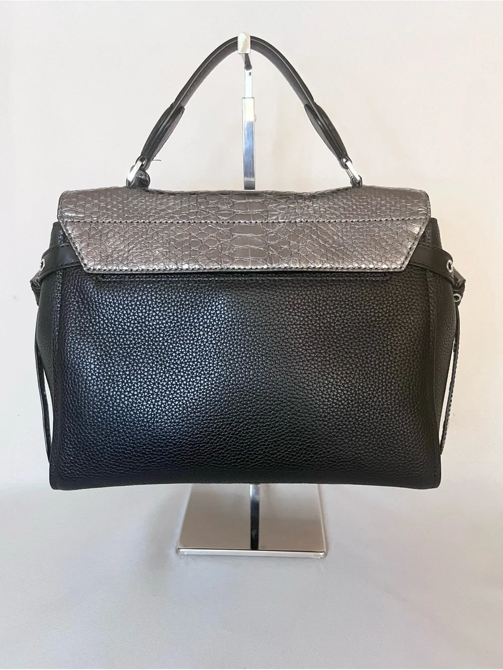 Michael Kors Black & Metallic Silver Snakeskin Embossed Satchel Handbag